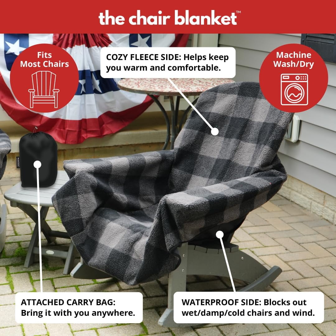 FeGe  The Chair Blanket – Reversible, Waterproof & Polar-Lined - Stretchable Elastic Back - Original Patio Chair Cover – Ideal for Homes and Outdoor Furniture- with Carry Pouch – Gray Plaid