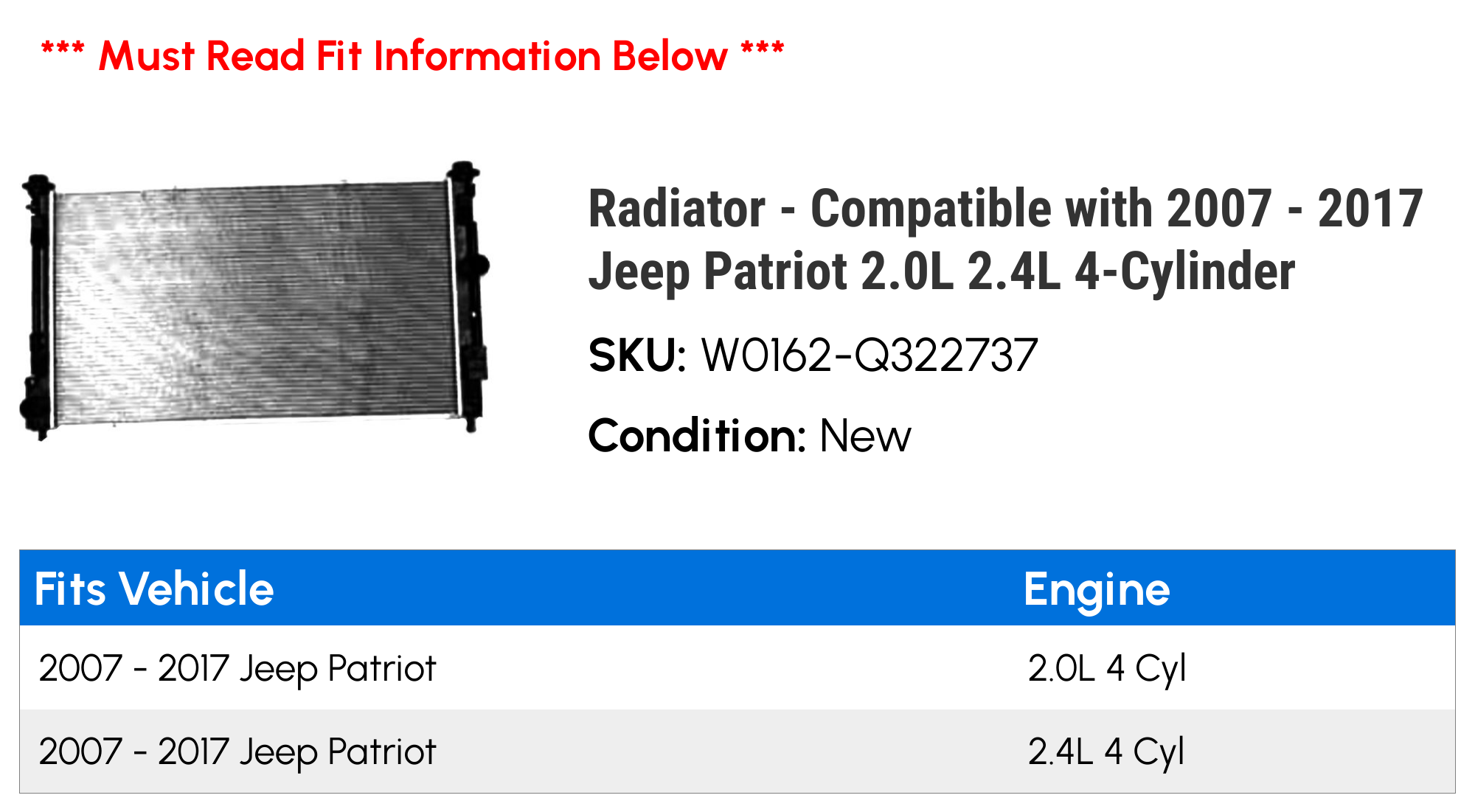 ≪超目玉☆12月≫ JEEP Patriot COMPASS/PATRIOT 2007-2017対応ラジエーター