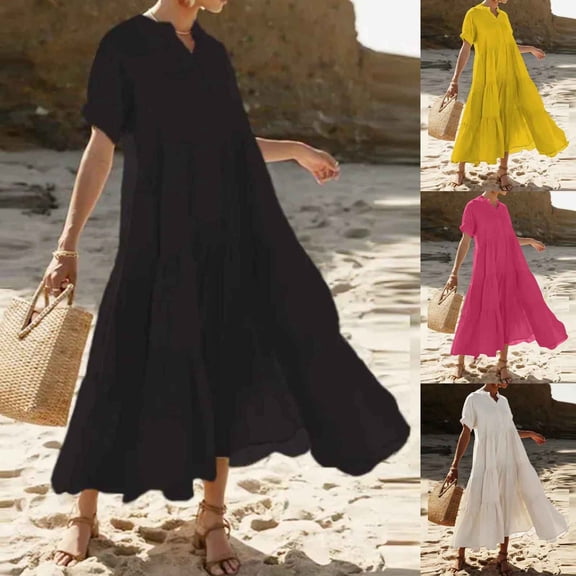 asdoklhq Velvet Dress for Women Short Sleeve Women's Fashion Casual Solid Color Button Fold Summer Short Sleeve V-Neck Dress Black 2X