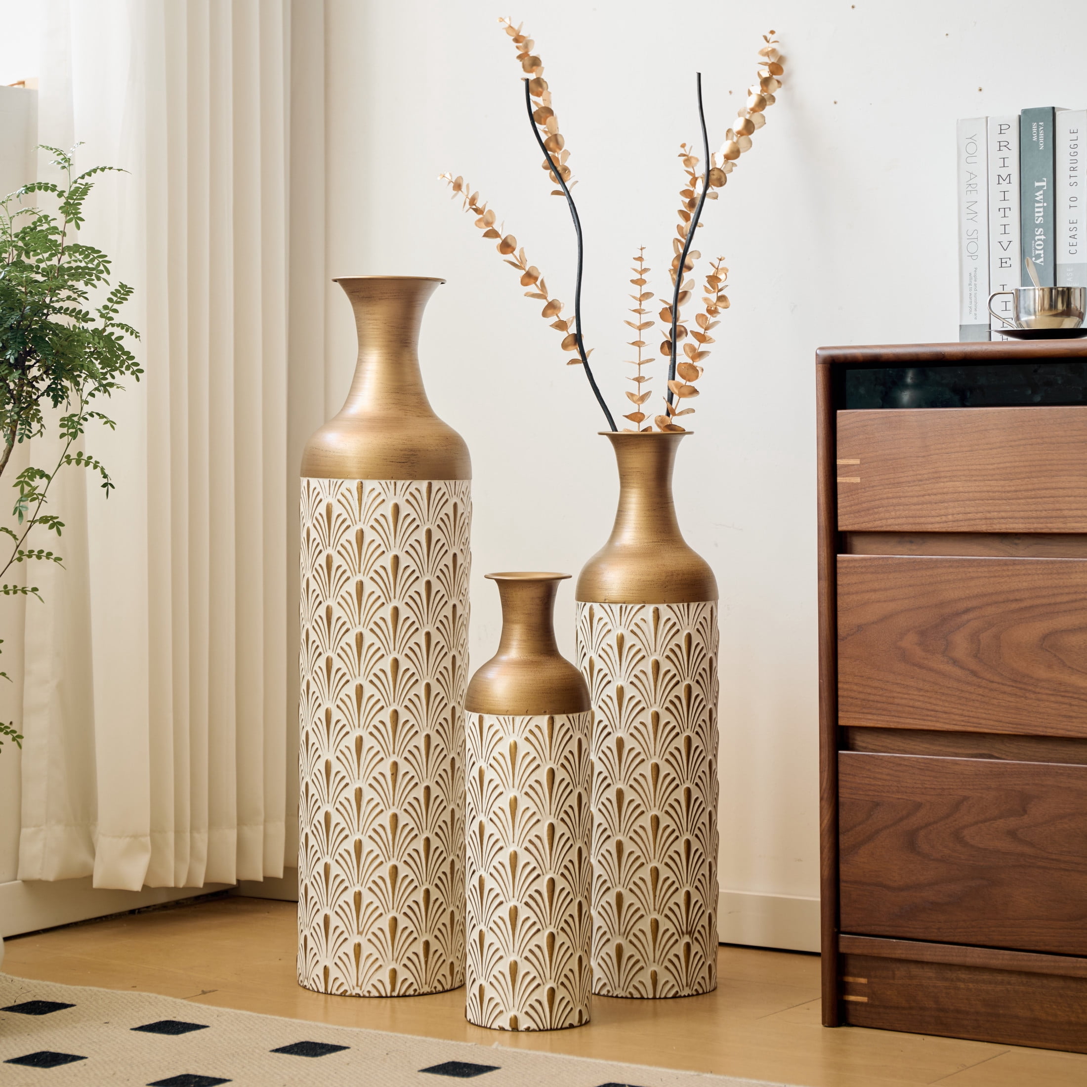 Noble House 3-Piece Metal Floor Vase Set, Decorative Vases with Fan Pattern, Antique Brass + White