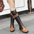 thumbnail image 2 of Knee High Boots Women Fashion Splice Leather Denim Lace up Zipper Mid Calf Motorcycle Boots Lug Sole Low Heel Trendy Buckle Straps Tall Boots, 2 of 7