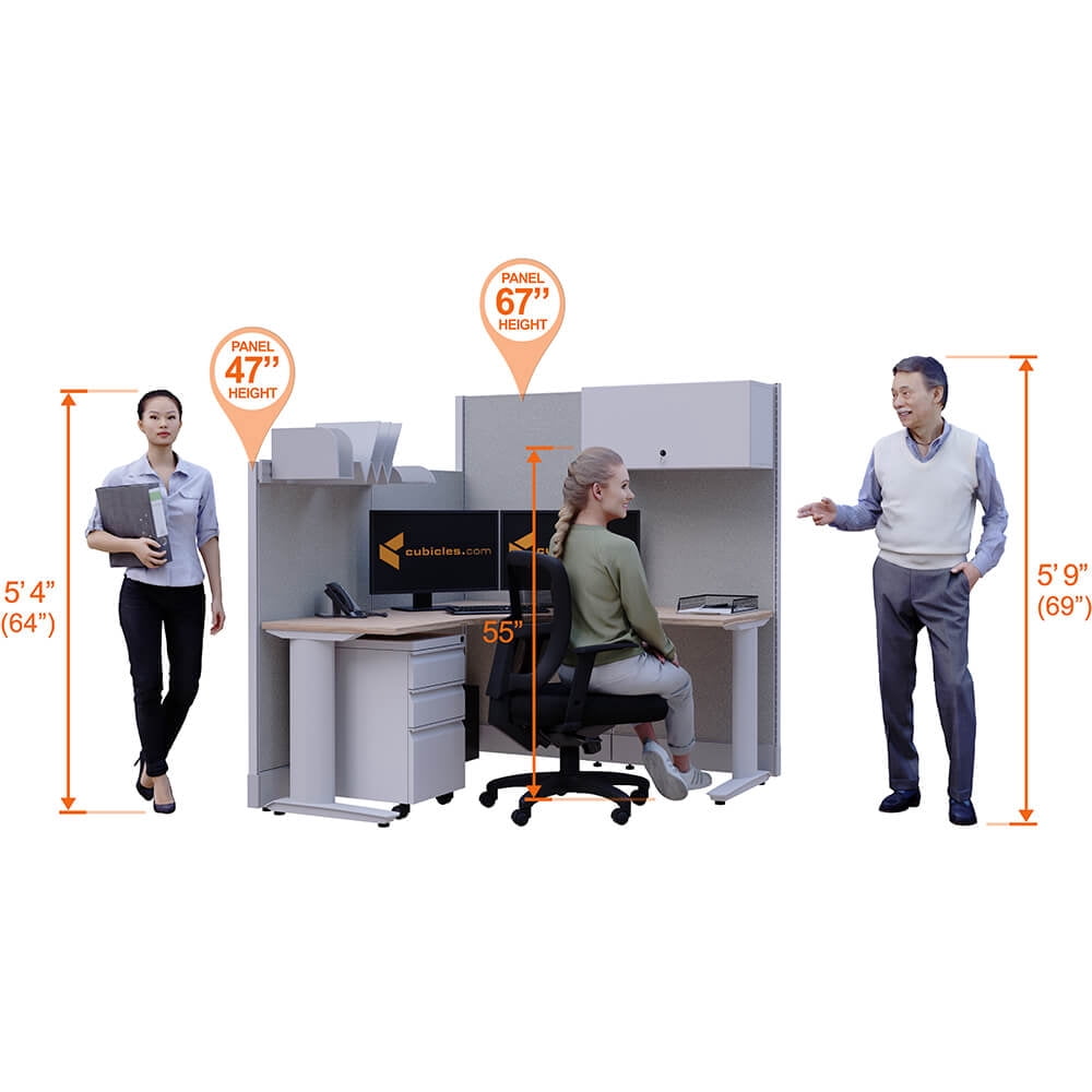 Cubicles.com L Shaped Workstation 2 pack Inline, 5x5 Powered Premium Office Cubicle |Modular Desk with Panels, Storage & Steel Frame, Medium Tone Desk White Paint, With Assembly