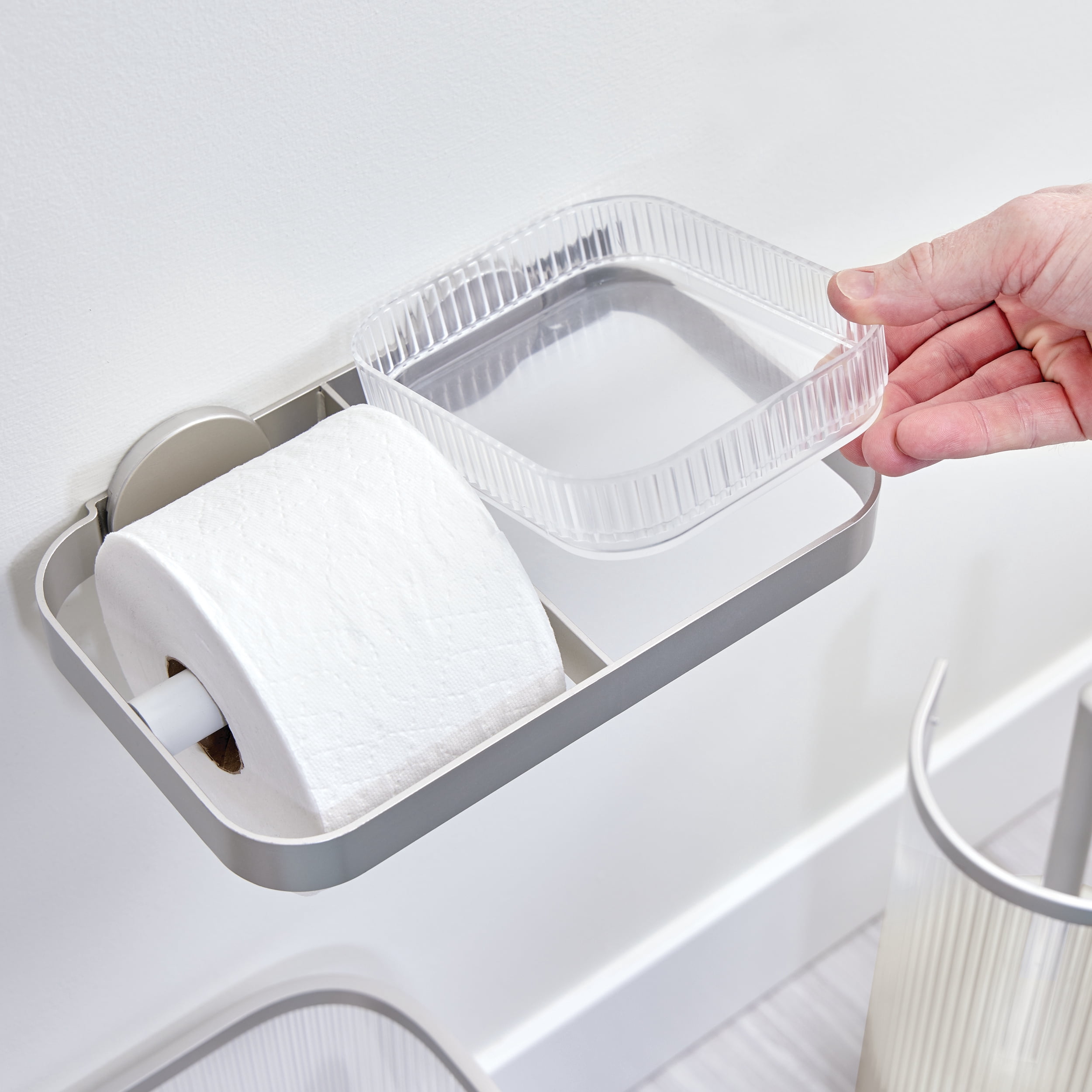 iDesign Wall Mounted Toilet Paper Holder with Shelf for Bathroom Storage - Ideal for Primary or Guest Bathroom and Powder Rooms