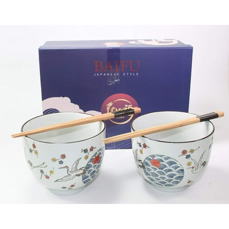 Soup Serving Set Set of Quality Japanese タンチョウ仙鹤crane Porcelain Ceramic deep High Gloss Lacquer Bowl set serving soup noodle rice salad -D ()