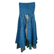 Mogul Womens Vintage Recycled Silk Sari Two Layer Versatile Dual Design Printed 2 In 1 Dress And Maxi Skirts