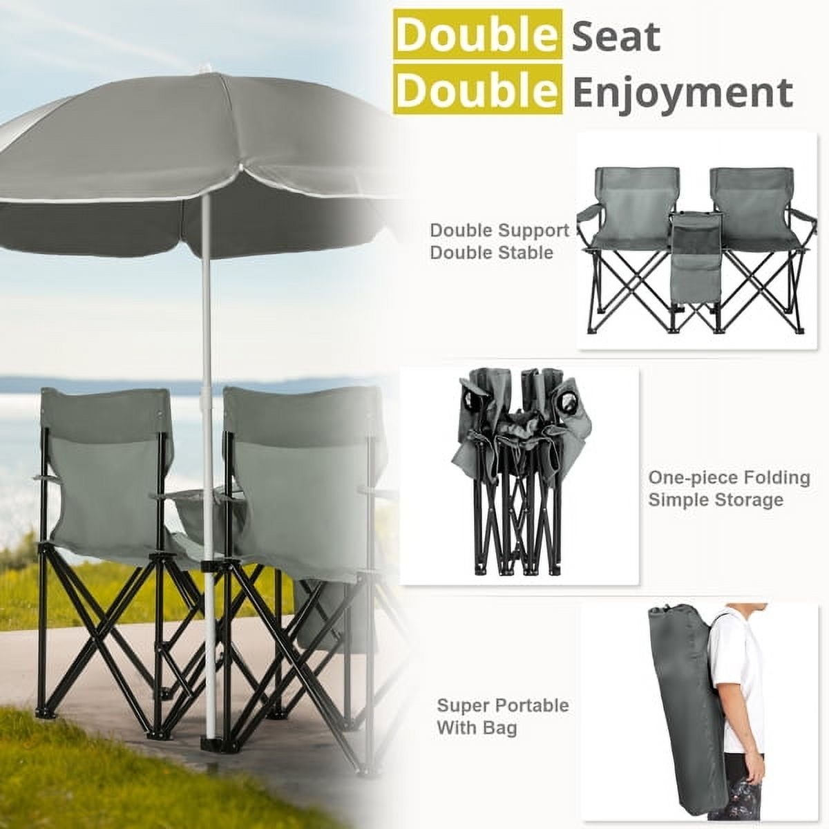 Alvantor Gray 2-Seat Outdoor Folding Chair with Removable Sun Umbrella for Beach, Camping, and Fishing
