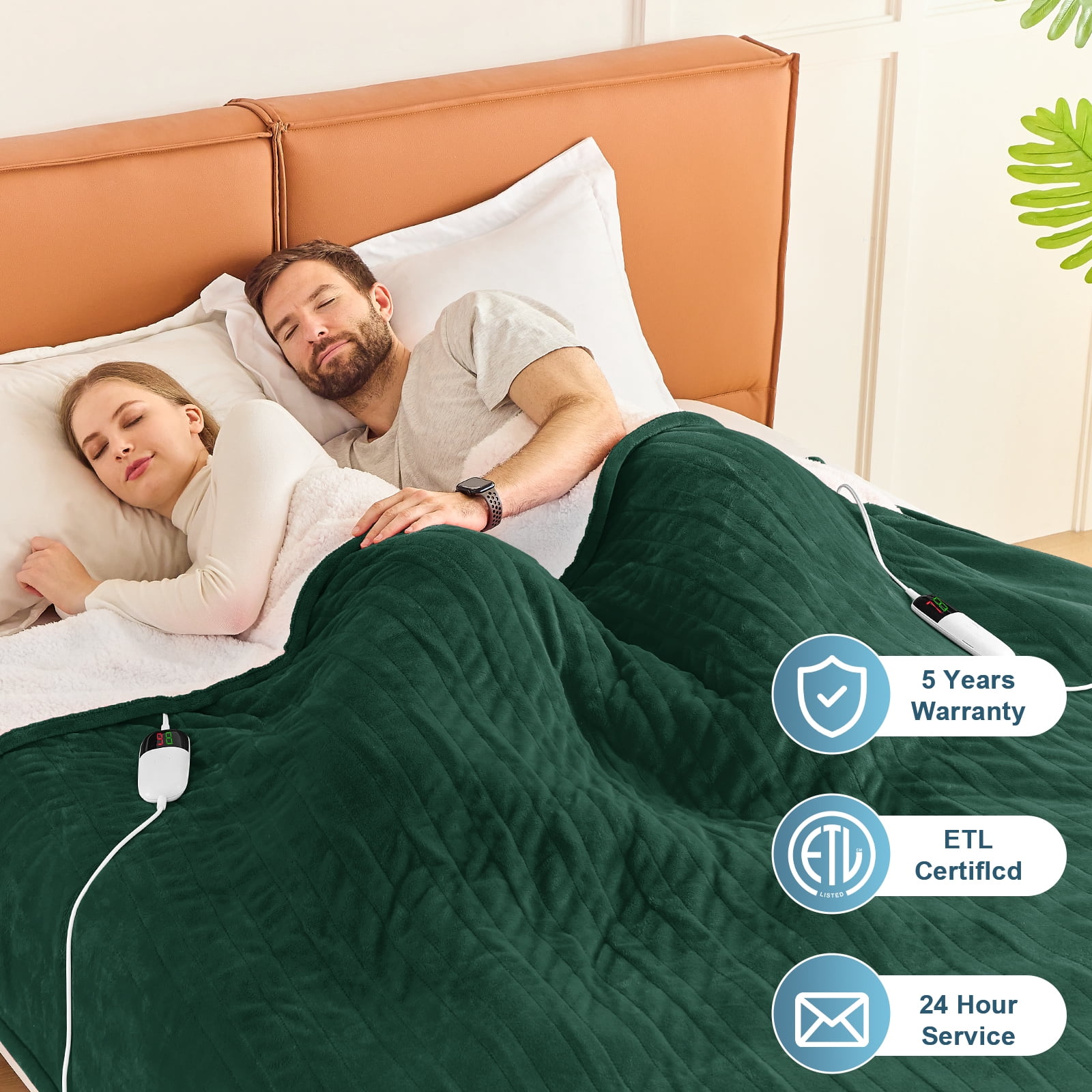 PMONPA Electric Heated Blanket, Flannel & Sherpa Heating Blanket for Adult, Fast-Heating with 10 Heat Levels 5 Time Settings (101"x91", Dark Green)
