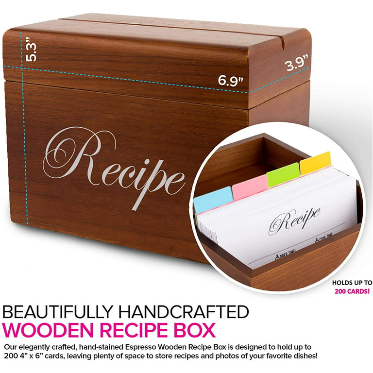 Wooden Recipe Box with Cards and Dividers, 4x6 Recipe Card Holder
