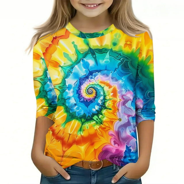 YUNAFFT Girls 3-12Y Short Sleeve Print Round Neck Tops Soft Stretch Polyester-Spandex Casual Cotton-Like Stretch Basic Tee