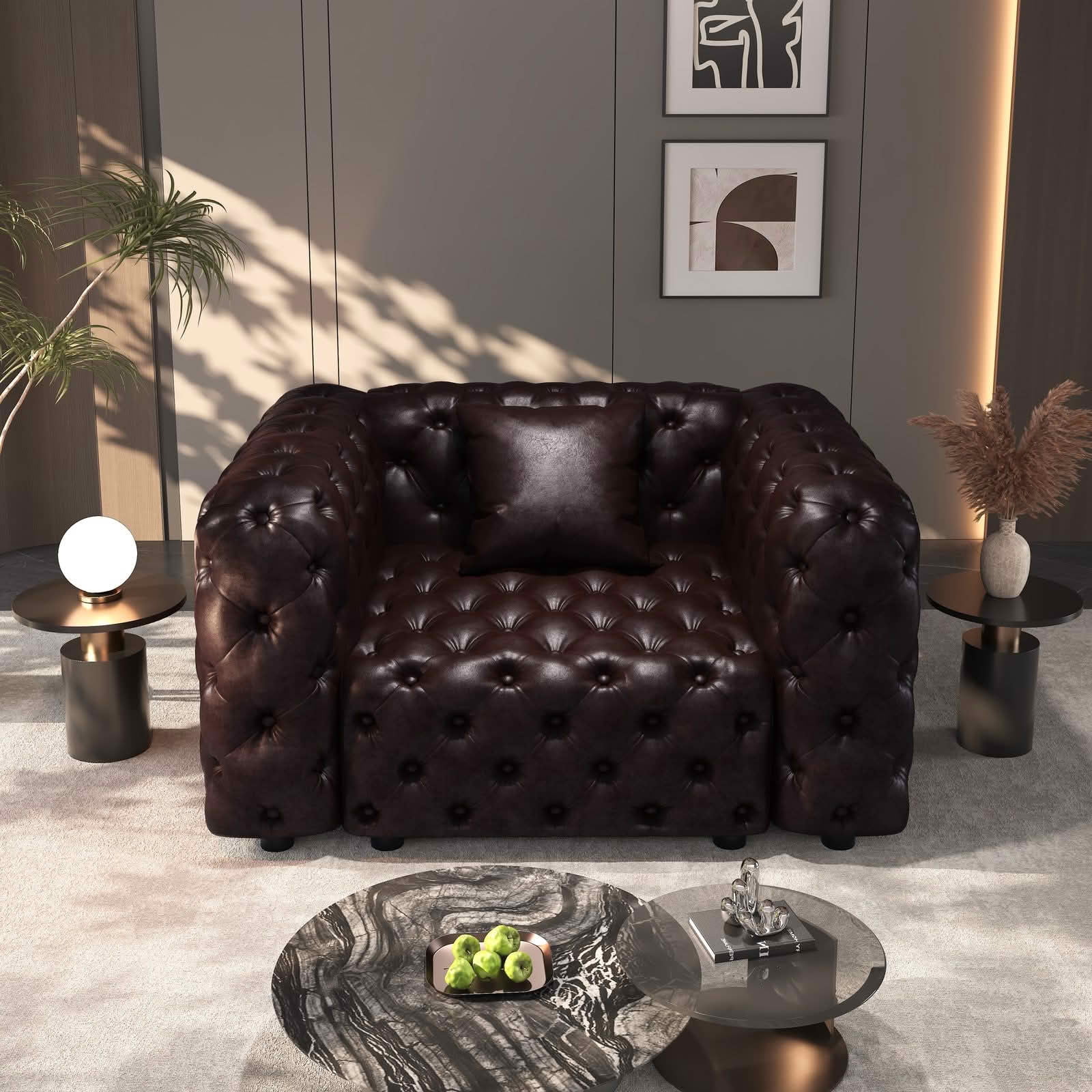 MAYEERTY 48.4 Inch Faux‑Leather Single‑Seat Modular Sofa, Handcrafted Button Tufted Couch with 1 Pillow, Multi‑Layout for Living Room & Small Apartment