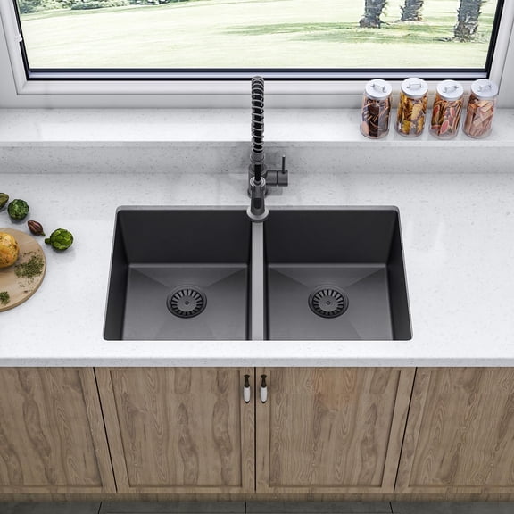 Sinber HU3219D-B 32" x 19" x 10" Undermount Double Bowl Kitchen Sink with 18 Gauge 304 Stainless Steel Black Finish (Sink Only)