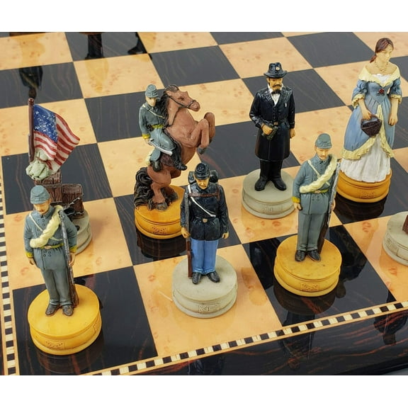 US American Civil War Queens Chess Set with 18" Dark Walnut  Maple Color Board