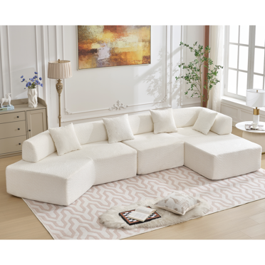 Vtng Furniture Minimalist Boucle Modular Sofa with No Assembly Required, Foam-Filled, 4 Seats, White