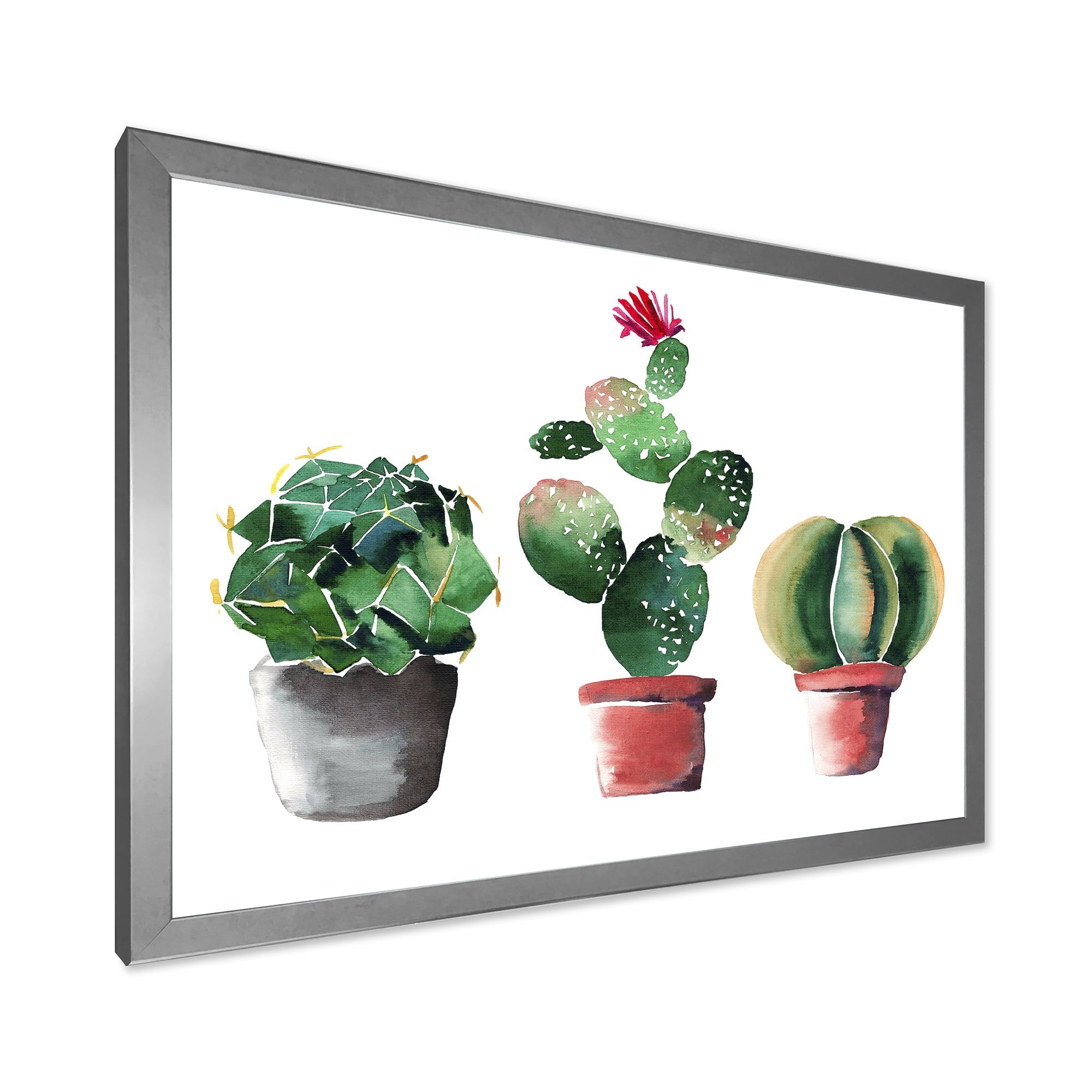 Designart 'Three Cacti In Clay Pots On White' Traditional Framed Art Print