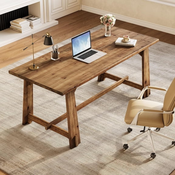 Tribesigns 63 inch Solid Wood Office Desk, Farmhouse Executive Computer Desk, Rustic Brown Business Furniture for Home