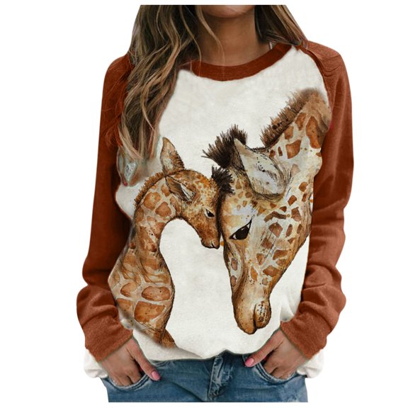 IROINNID Reduced Womens Winter Clothes Pullover Hoodies Round-Neck Button Long Sleeve Print Lounge T- Shirt Blouse Tops,Brown