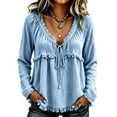 thumbnail image 2 of longantii Boho Tops For Women Vintage V Neck Long Sleeve Shirts Frayed Raw Hem Gauze Blouses Relaxed Empire Waist Beach Vacation Outfit Blue L, 2 of 6