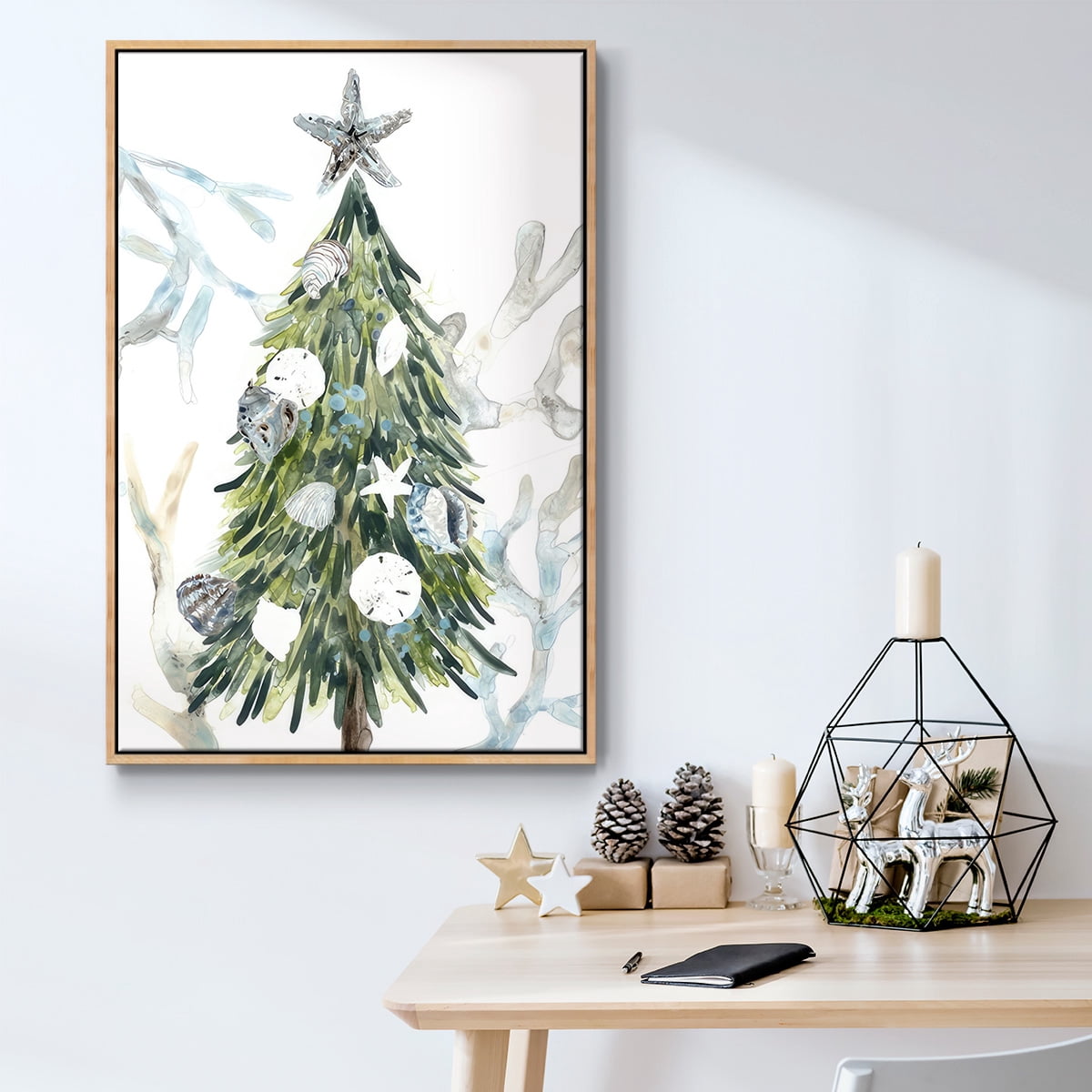 Coastal Christmas Shell Collection B - Framed Gallery Wrapped Holiday Canvas - 17 x 25 - Natural Wood Frame
