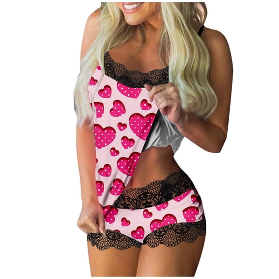 Womens Pajama Set Casual Valentine'S Day Printed Spaghetti Strap Sleeveless Shorts 2 Piece Womens Sleepwear,Pink,S