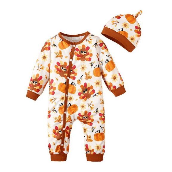 Mikrdoo Baby Boys Clothes Thanksgiving Day 1 Months Newborn Boys Cute Turkey Print 3 Months Baby Boys Single Breasted Design Bodysuits With Hat 2Pcs Romper Set