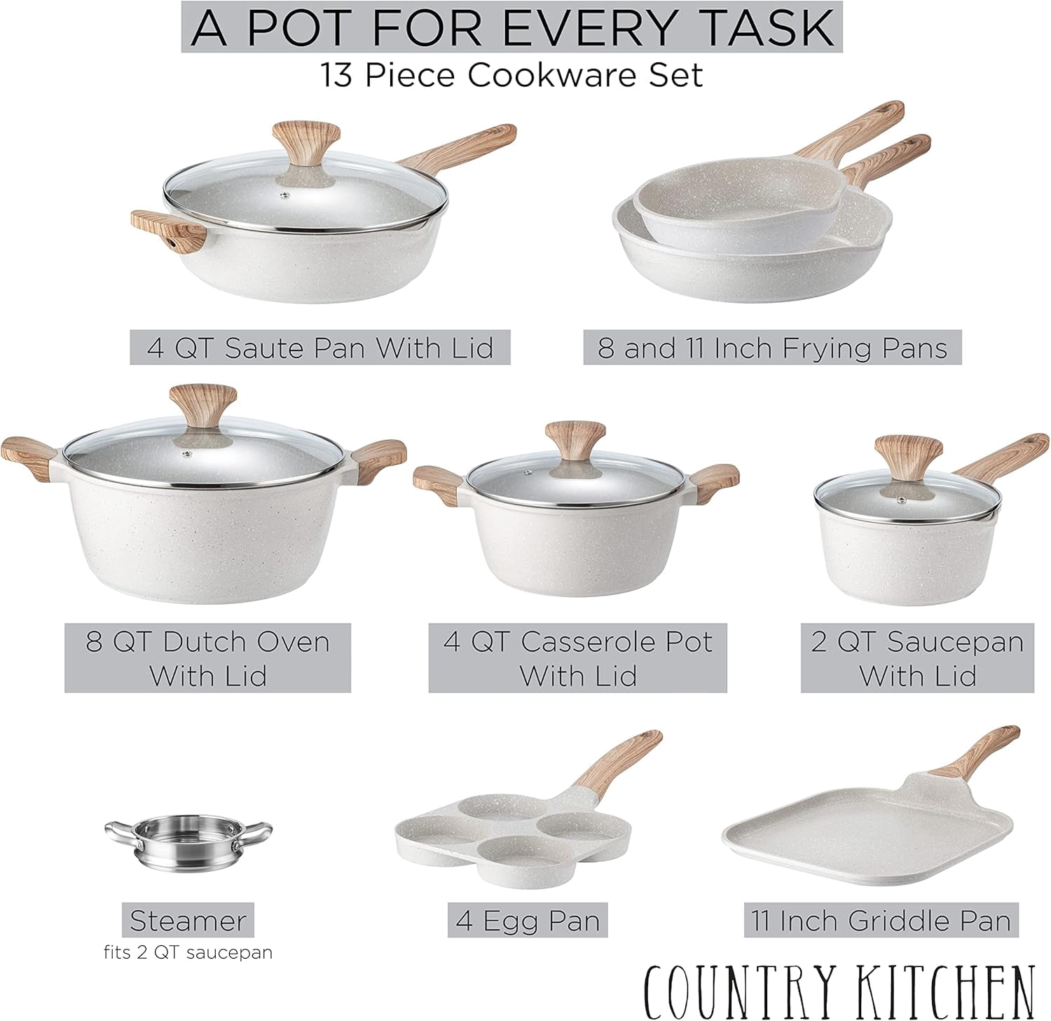 Country Kitchen 13-Pc Cast Aluminum Pots and Pans Set Non Stick Cookware Set, Cream