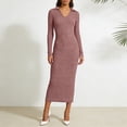 thumbnail image 2 of QHFBli Womens Ribbed Knit Sweater Dress Casual Long Sleeve V Neck Bodycon Pleated A Line Long Dress Streetwear, 2 of 4