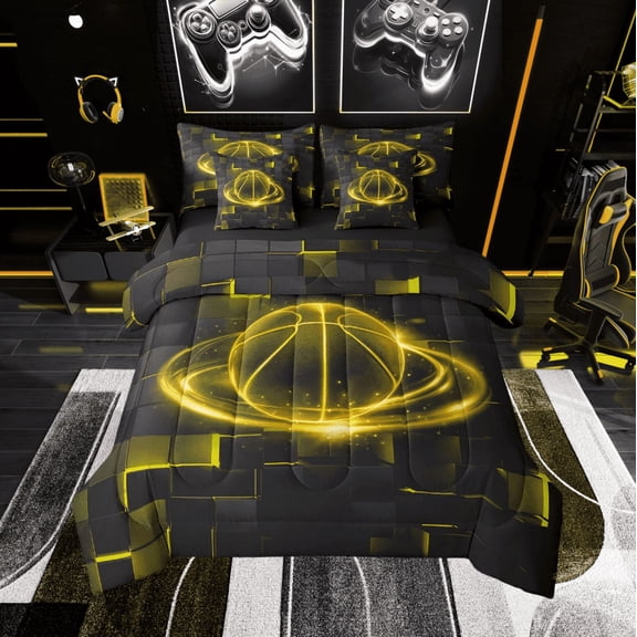 Gold Basketball Bed in a Bag Twin Size 7 Pieces,3D Neon Grid Twin Comforter Set Reversible,Sports Lover Bedding Sets All Season with Comforter, Sheets, Pillowcases & Shams