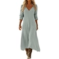 thumbnail image 2 of QUNYINEY Casual Plus Size Dresses for Women Long Western Long Sleeve A Line Dress Loose Fit V Neck Solid Flowy Dresses, 2 of 7
