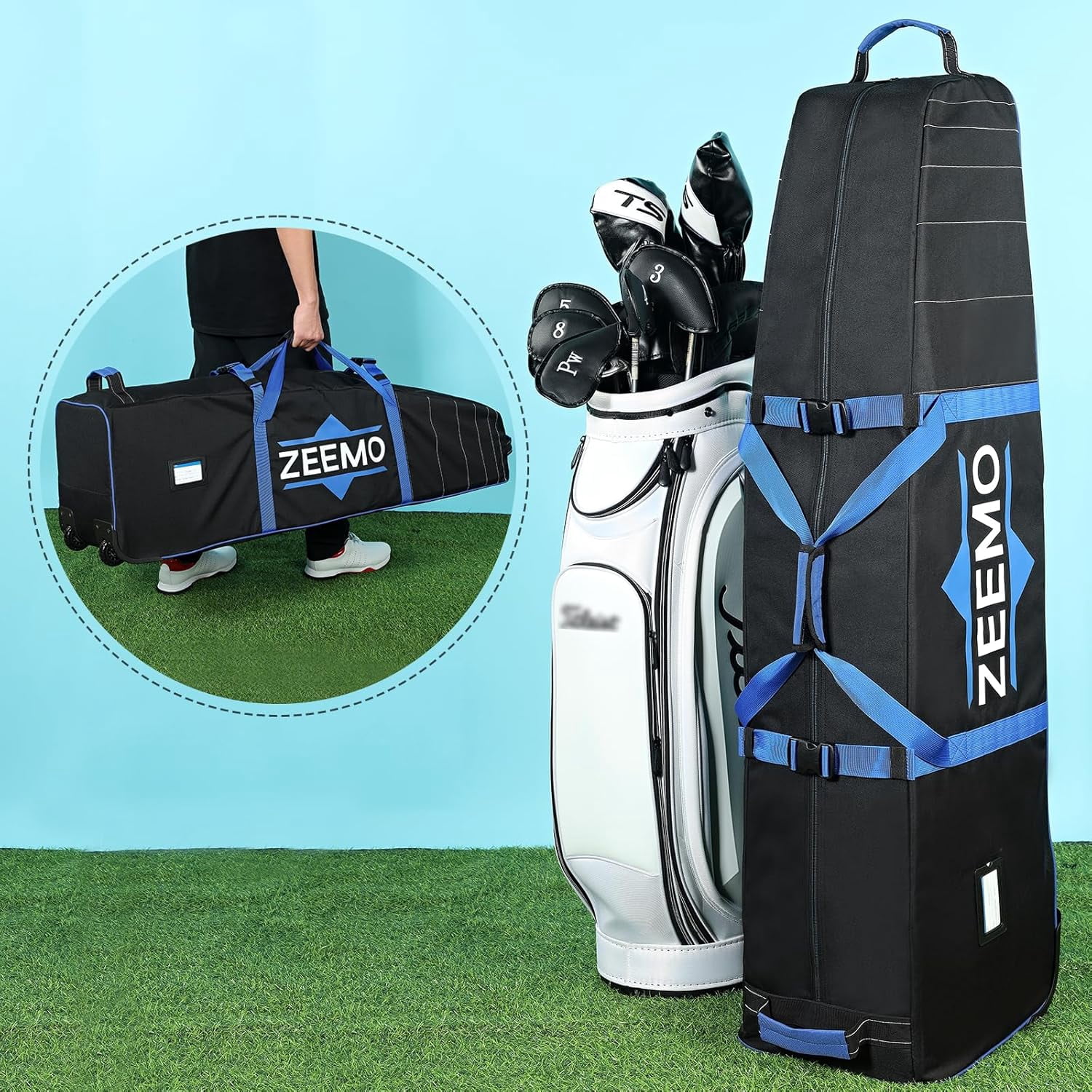 Golf Travel Bag Mid-Open Protective Wheeled Case Waterproof Soft-Sided Cover Heavy Duty Oxford for Clubs Stand Cart