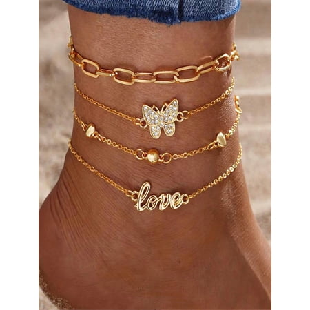Gold 4-Piece Womens Summer Beach Anklet Set With Butterfly & Love Charm