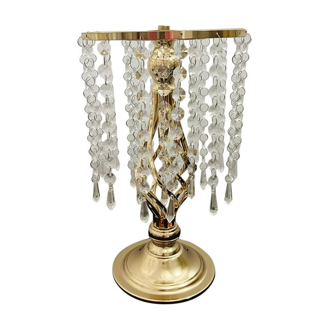 portavelas candelabros gloria soporte de florero de bodas 40cm oro candelero dorado de 40 cm con base redonda y fuste trenzado, copa superior circular con tiras colgantes de cuentas y gotas de cristal; pensado como centro de mesa para bodas o banquetes, también adecuado para colocar una vela o un pequeño jarrón.