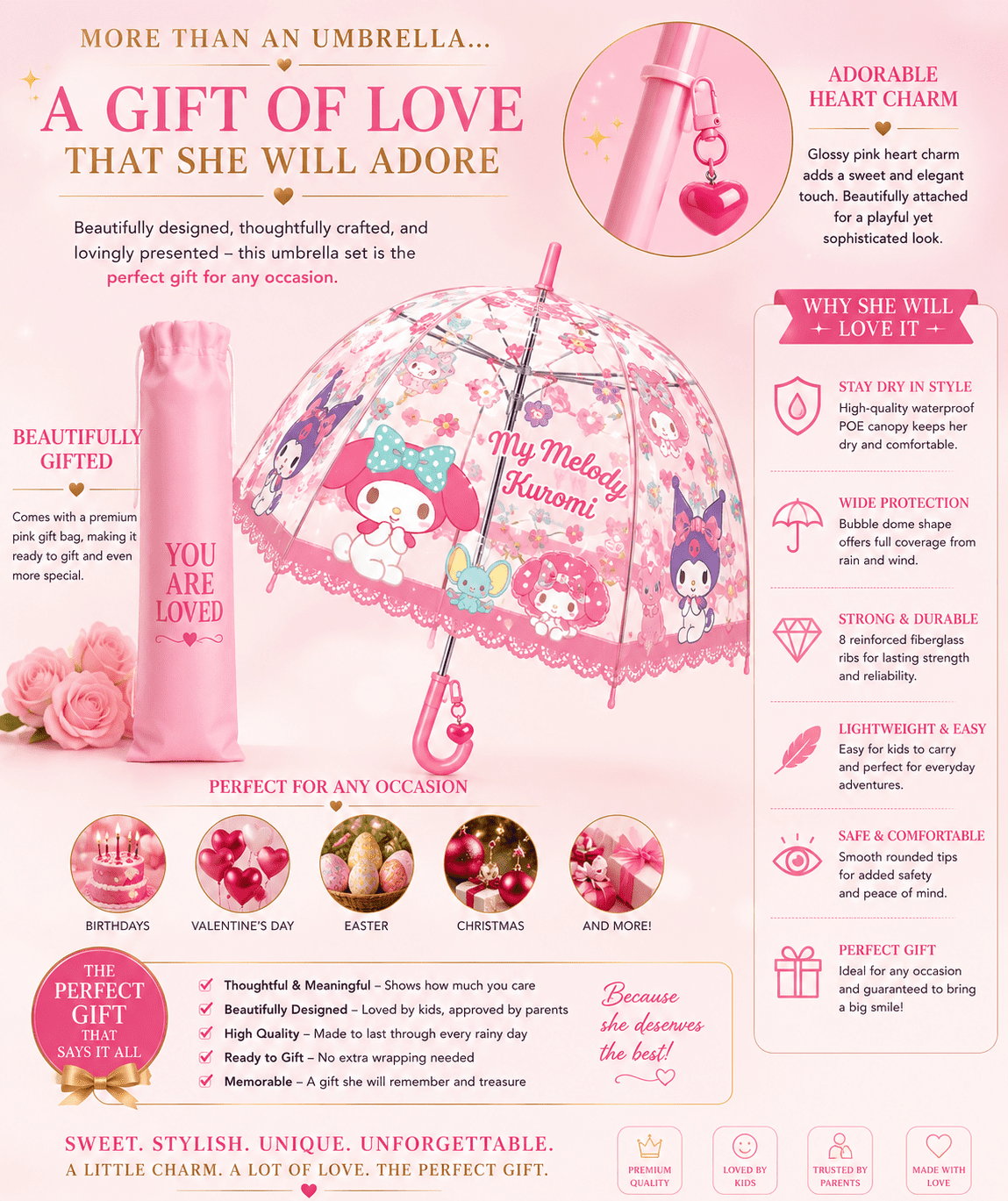 Sanrio My Melody & Kuromi Cute Fashionable Dome-Shaped Vinyl Stick Umbrella, Multicolor, 1