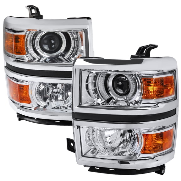 Projector Headlights (Chrome Housing/Clear Lens/Chrome Trim) Made for and Compatible with 2014-2015 Chevrolet Silverado 1500