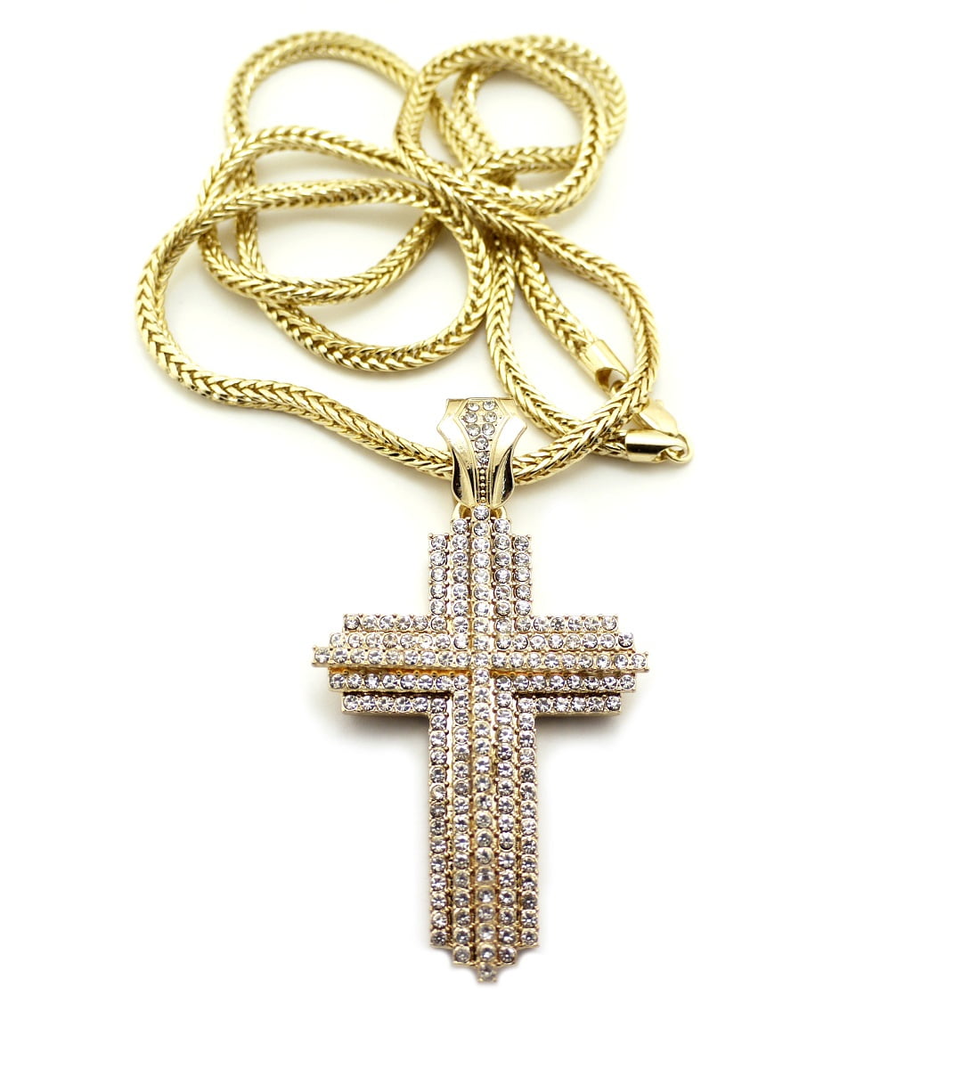 Iced Out Gold Tone Layered Cross Pendant Necklace w/ 36" Franco Chain