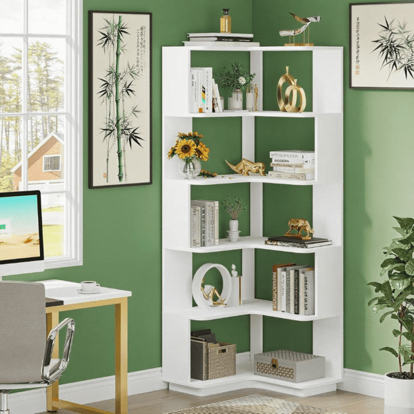 L-Shaped Corner Bookshelf, 6-Tier Anti-Falling Baffle Design, Modern Storage for Living Room, Bedroom, Office