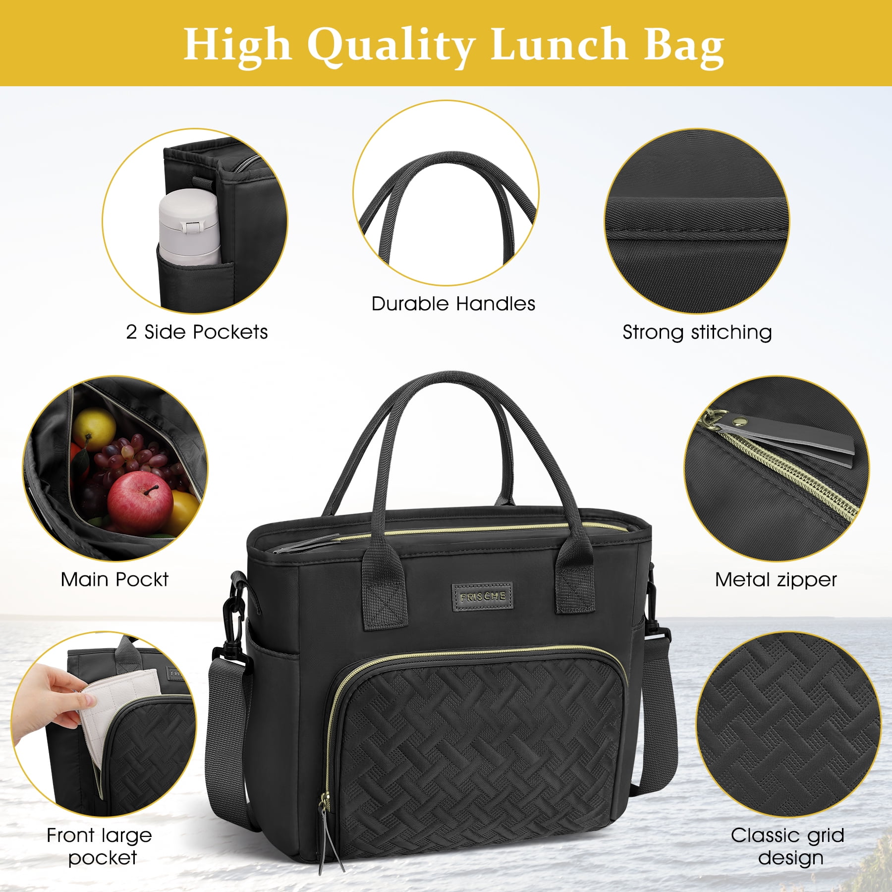 CshidWorld Insulated Lunch Bag for Men & Women - 18L Large Capacity Lunch Box for Work,Office ,Picnic, Hiking, Beach, Thermal Cooler Tote w/ Adjustable Strap, Pockets, Classic Plaid Design, Black