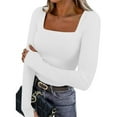 thumbnail image 2 of Lenpel Long Sleeve Shirts for Women Square Neck Ribbed Knit Slim T-Shirts Basic Casual Tunic Tees Going out Tops(White,XX-Large), 2 of 7