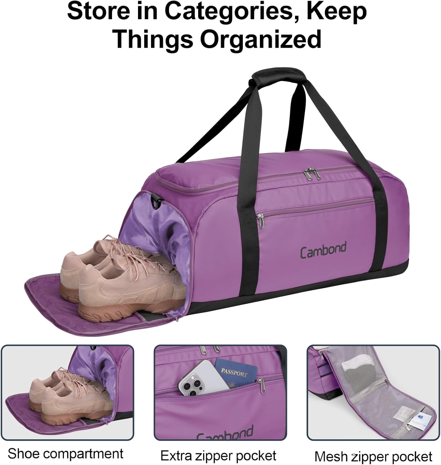 Airport Luggage Checked Bag - 80L Large Travel Duffle Bag for 5-7 Day Long Trip, Foldable Travel Duffel Bags for Traveling with Shoe Compartment for Men Women, Checked Luggage, Purple
