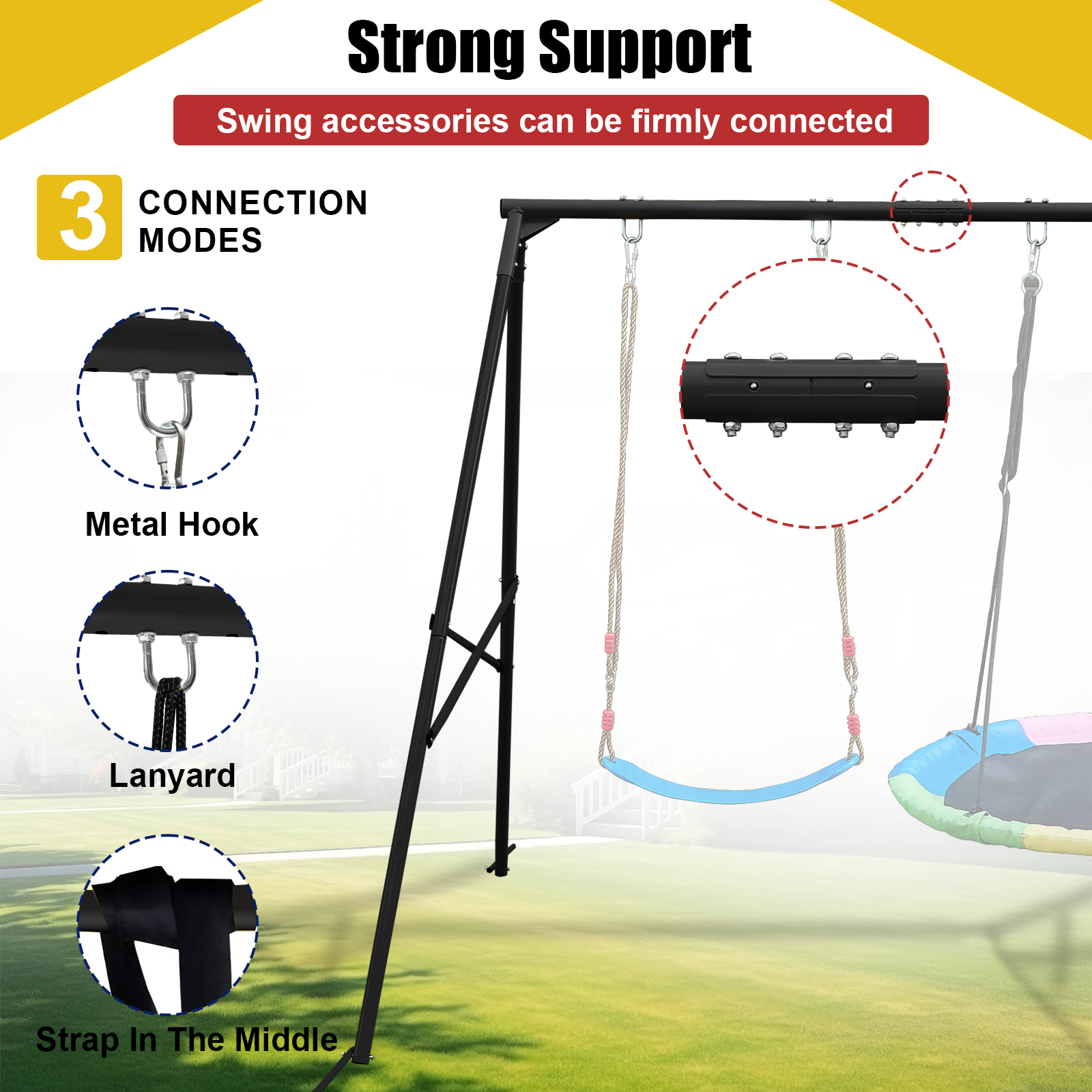 Hishine Swing Stand Metal Frame for Backyard, Heavy Duty Full Steel A-Frame with Ground Stakes, Fits 2 Swings Extra Large Outdoor 550lbs
