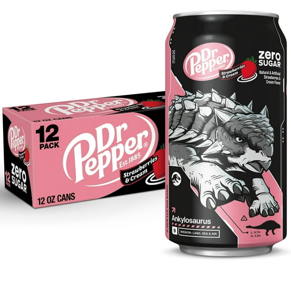 Dr Pepper Zero Sugar Strawberries and Cream Soda Pop, 12 fl oz, 12 Pack Cans, Jurassic World Rebirth Limited Edition,1 Pack