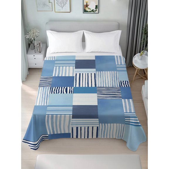 Queen Size Flat Sheet Only,Blue Gradient Color Block Collage Art Soft Top Bed Sheets Breathable Bedding Sheet Coastal Nautical Style Microfiber Hotel Luxury Top Sheets