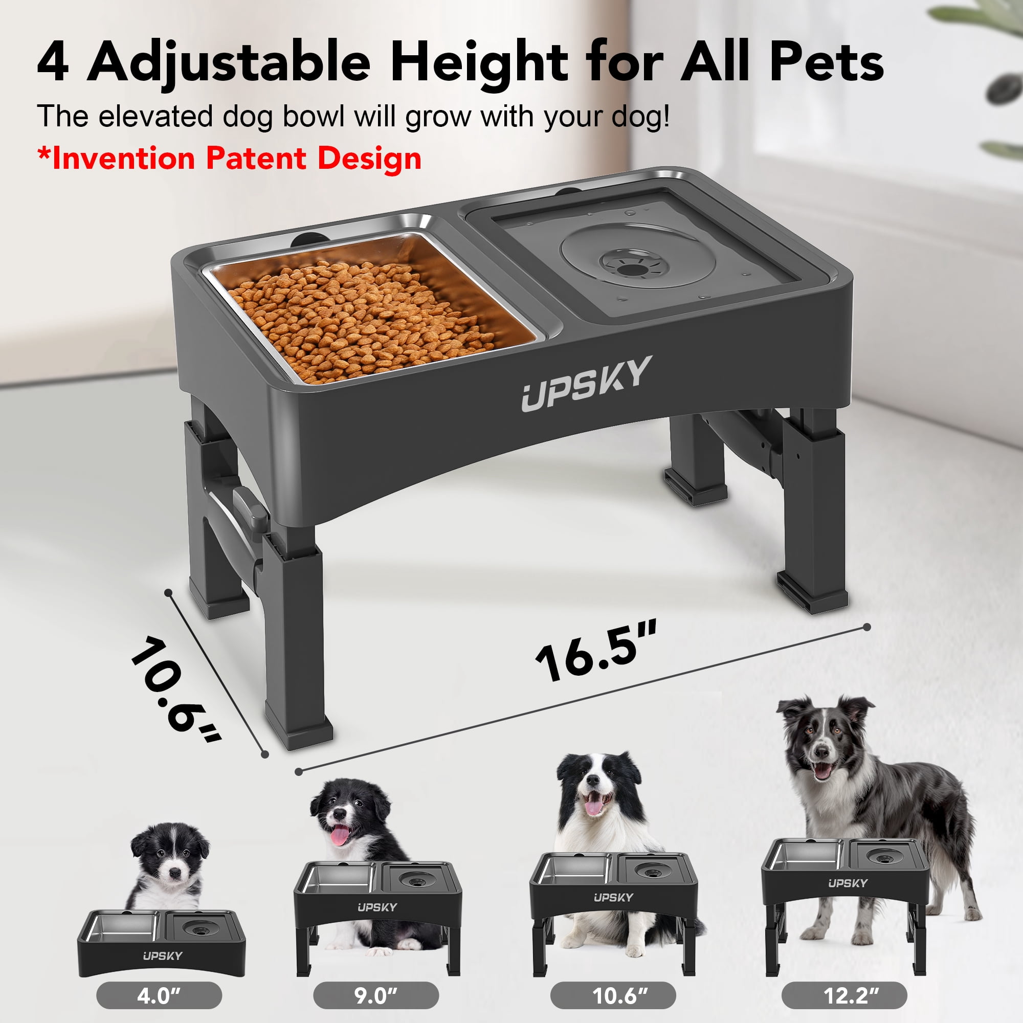 UPSKY 3-in-1 Elevated Dog Bowls Slow Feeder, 4 Height Adjustable Raised Dog Bowl Stand No Spill Dog Water Bowl Dispenser, Stainless Steel Dog Food Bowl and Water Bowl for Small Medium Dogs