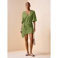 thumbnail image 5 of Green Linen V-Neck Wrap Mini Dress With Side Tie, Casual Summer Style, 5 of 8