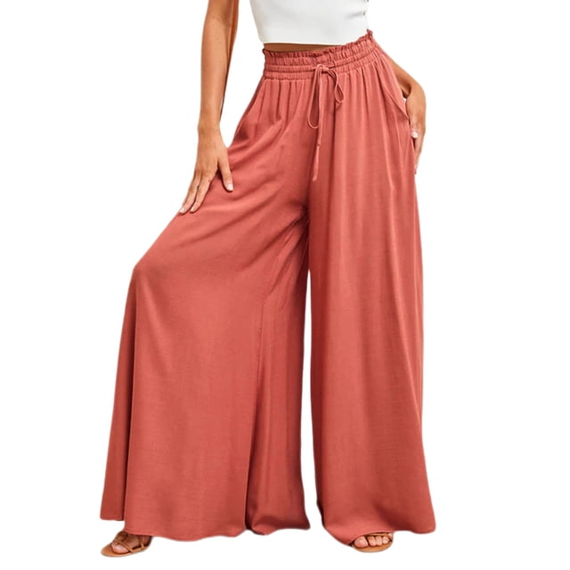 Glisme Womens Pants Wide Leg Pants Flowy Drape Ruffle Drawstring Waist Pants Travel Trousers Watermelon Red