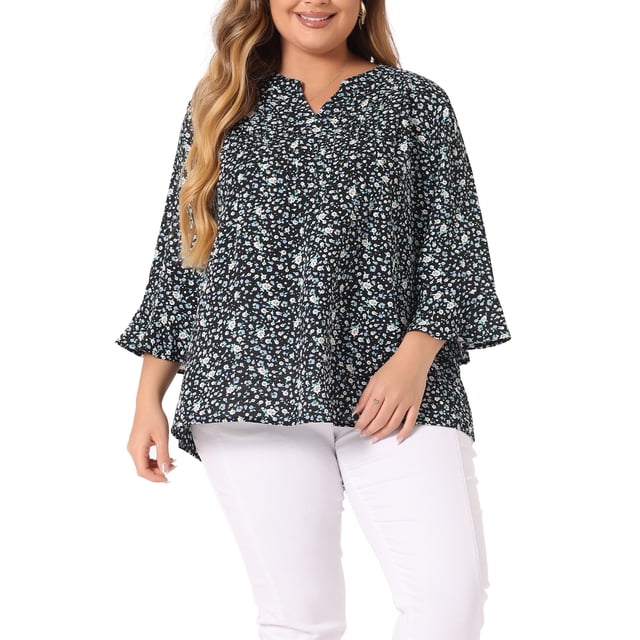 Blusa floral de cuello en V con pliegues y mangas 3/4 para mujeres de tallas grandes Agnes Orinda, 2X, negra, para el Día de la Madre