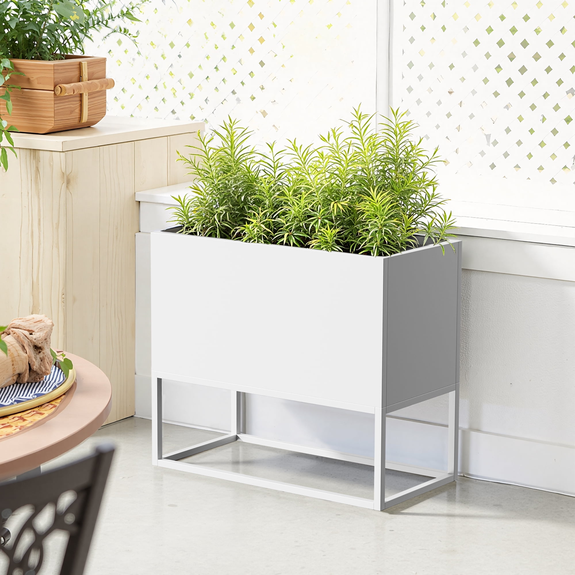 MAYEERTY 36*18*18" White Modern Rect Metal Planter Box with Stand for Outdoor Gardening, Patio & Balcony