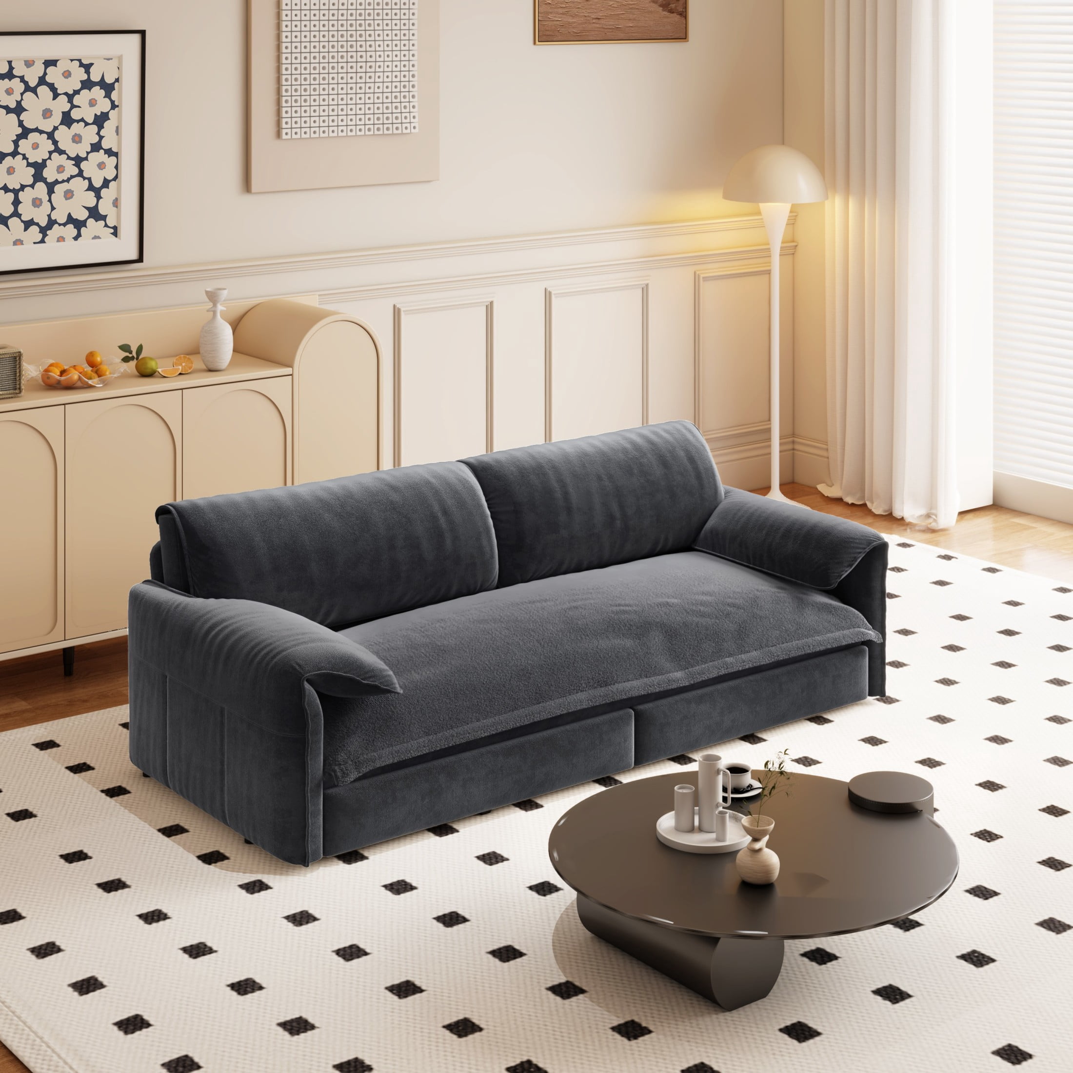 Noble House Alver Velvet Pull Out Loveseat Sofa Bed, 3-in-1 Convertible Queen Sleeper with Side Pocket, Grey