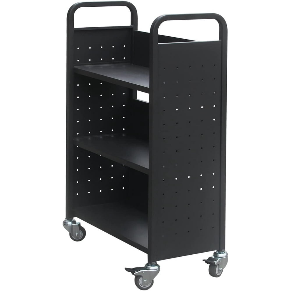 Rolling Library Book Cart Single Sided Flat Shelves with Lockable
