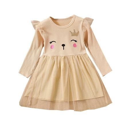 

GWAABD Spring Dresses for Girls Beige Cotton Blend Toddler Girls Dress Long Sleeve Fashion Cartoon Cat Prints Ribbed Dress Princess Dress Casual Dress 100