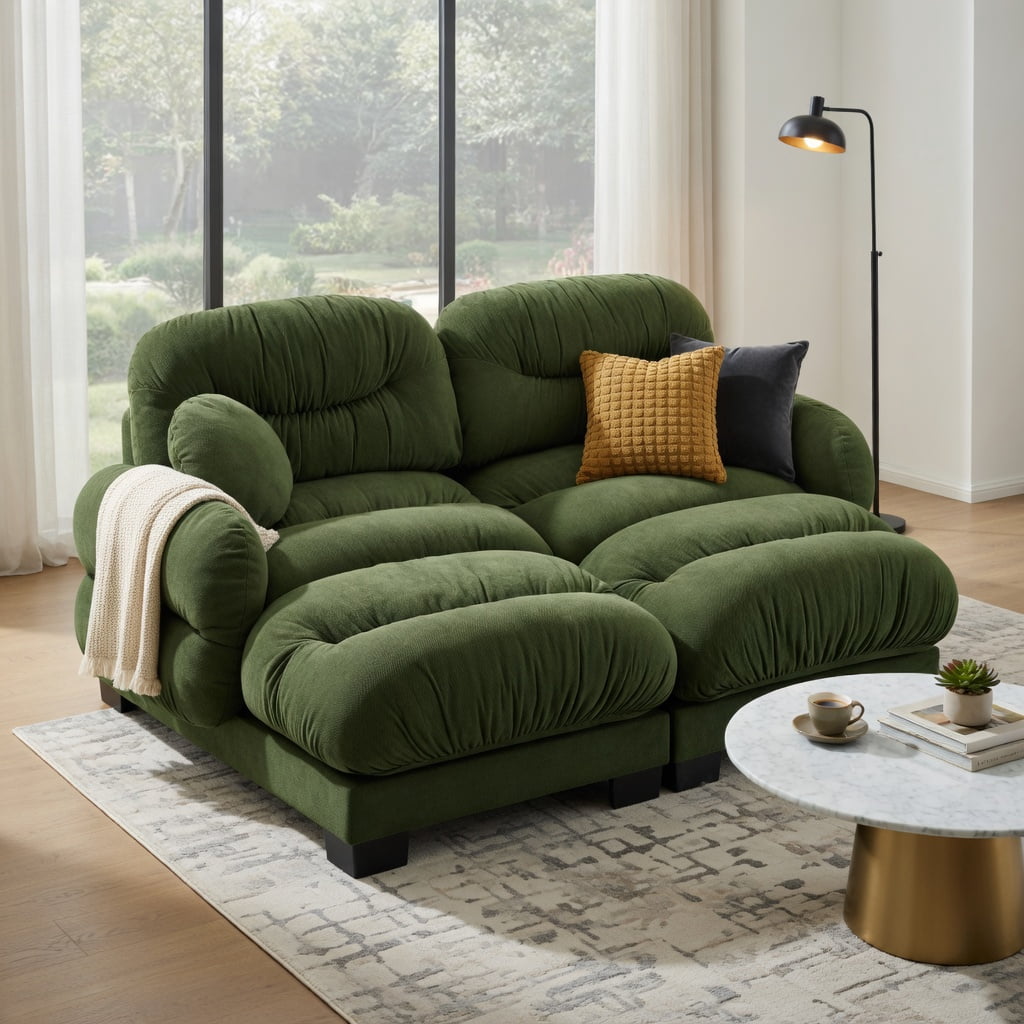 Hommoo Chenille 2-Seater L-Shaped Modular Sectional Sofa with Ergonomic Foam, Curved Armrests, 2 Ottomans & 2 Round Throw Pillows, Pleated Back Design, Green